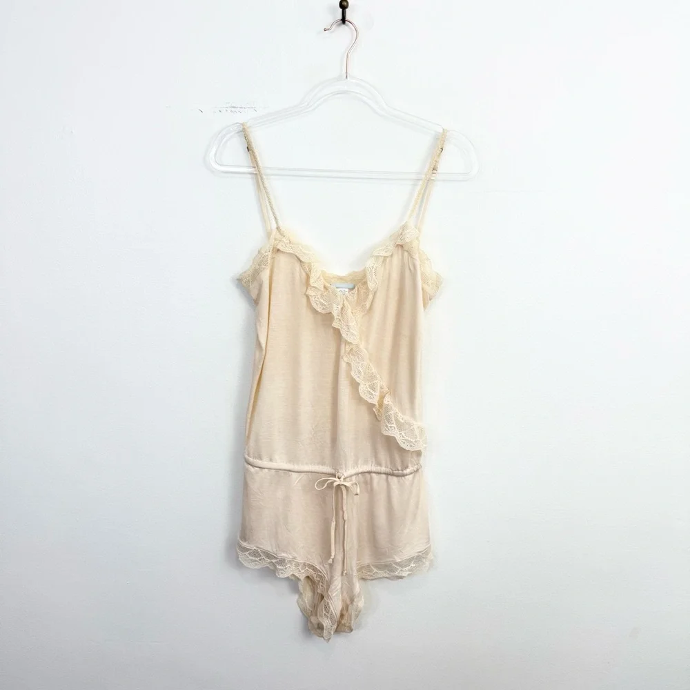 Eberjey Bonnie Ruffle Teddy Romper Cream Lace Sleepwear Lounge Size M